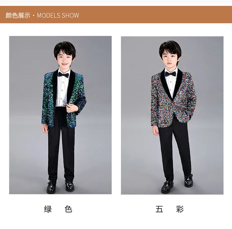 Men Prom Suit Child Solid Discoloration Sequins Gown Boy Catwalk Piano Performance Little Host Suit Perform Suits