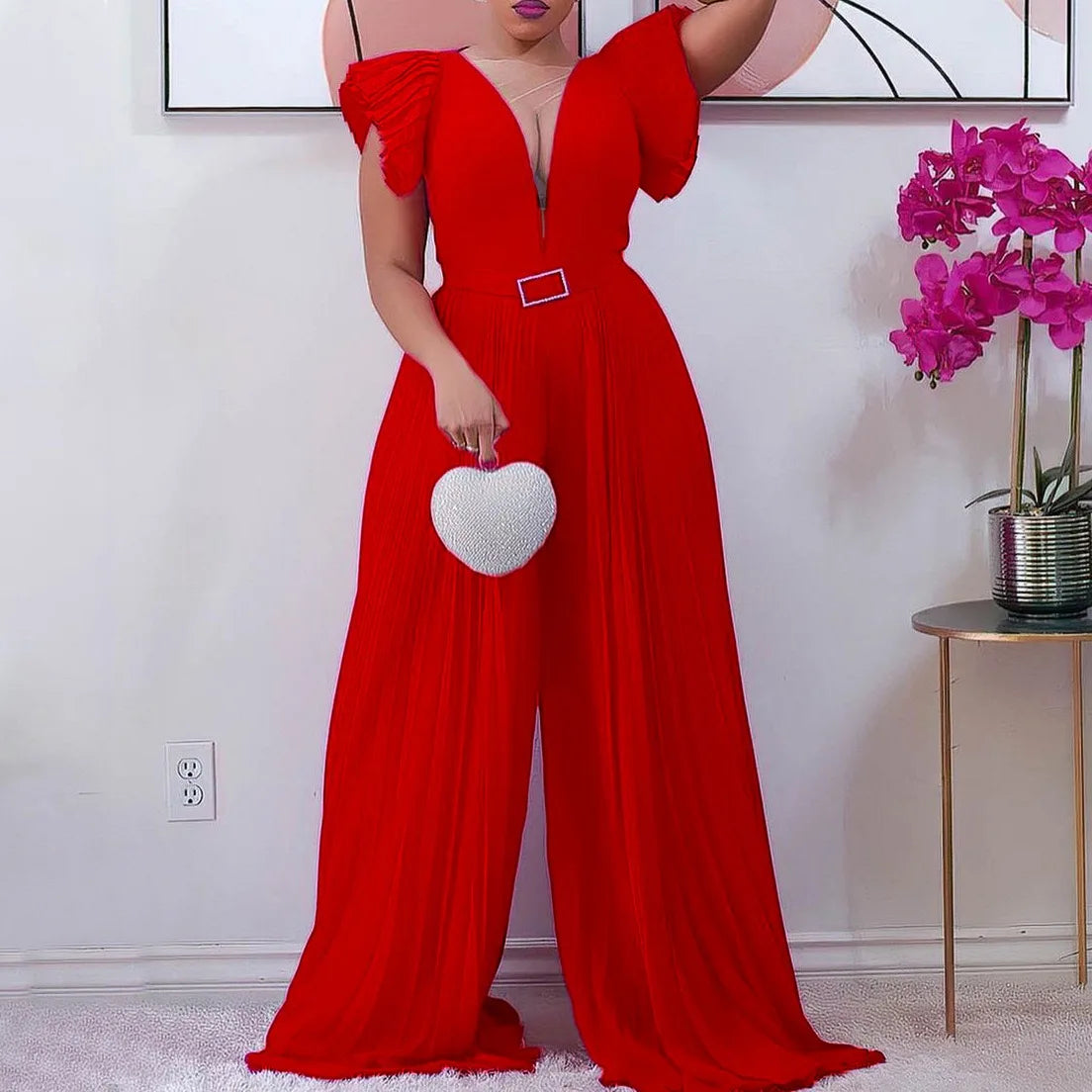 Pleated Jumpsuits for Women Elegant 2024 New V Neck Ruffles Sleeve High Waisted Floor Length Luxury Party Dinner Celebrate Cloth