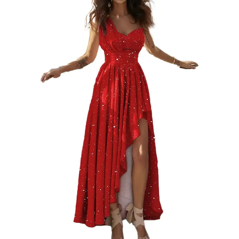 Women's Elegant One Shoulder Glitter Sparkle High Slit Maxi Dress Formal Evening Gown Boho Beach Party Dress