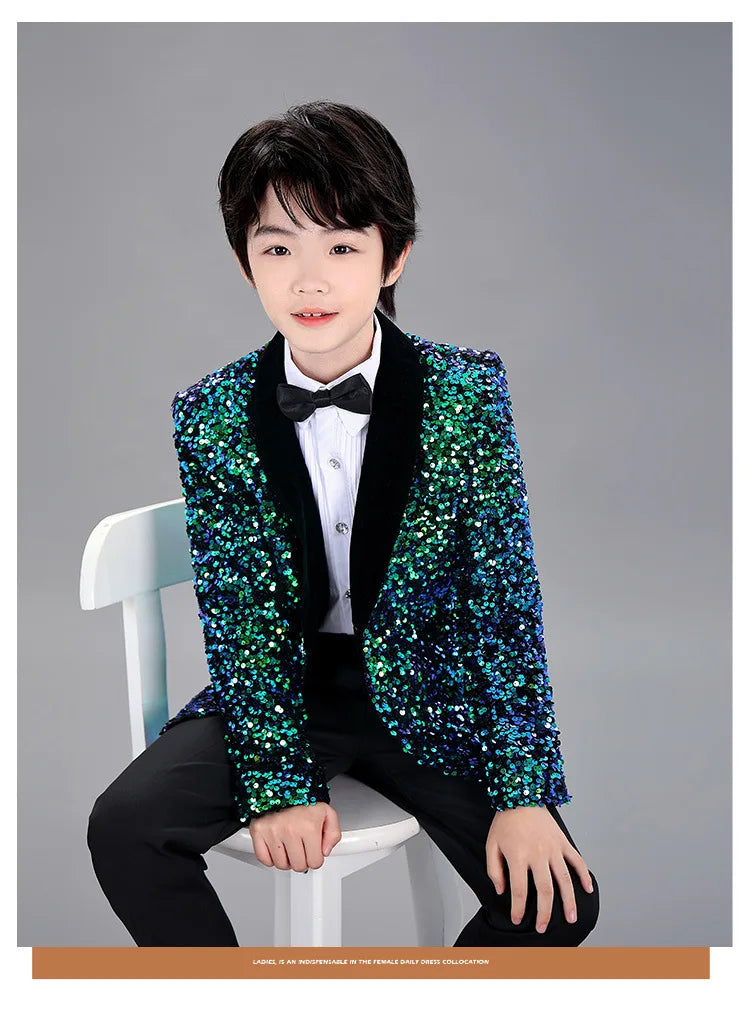 Men Prom Suit Child Solid Discoloration Sequins Gown Boy Catwalk Piano Performance Little Host Suit Perform Suits