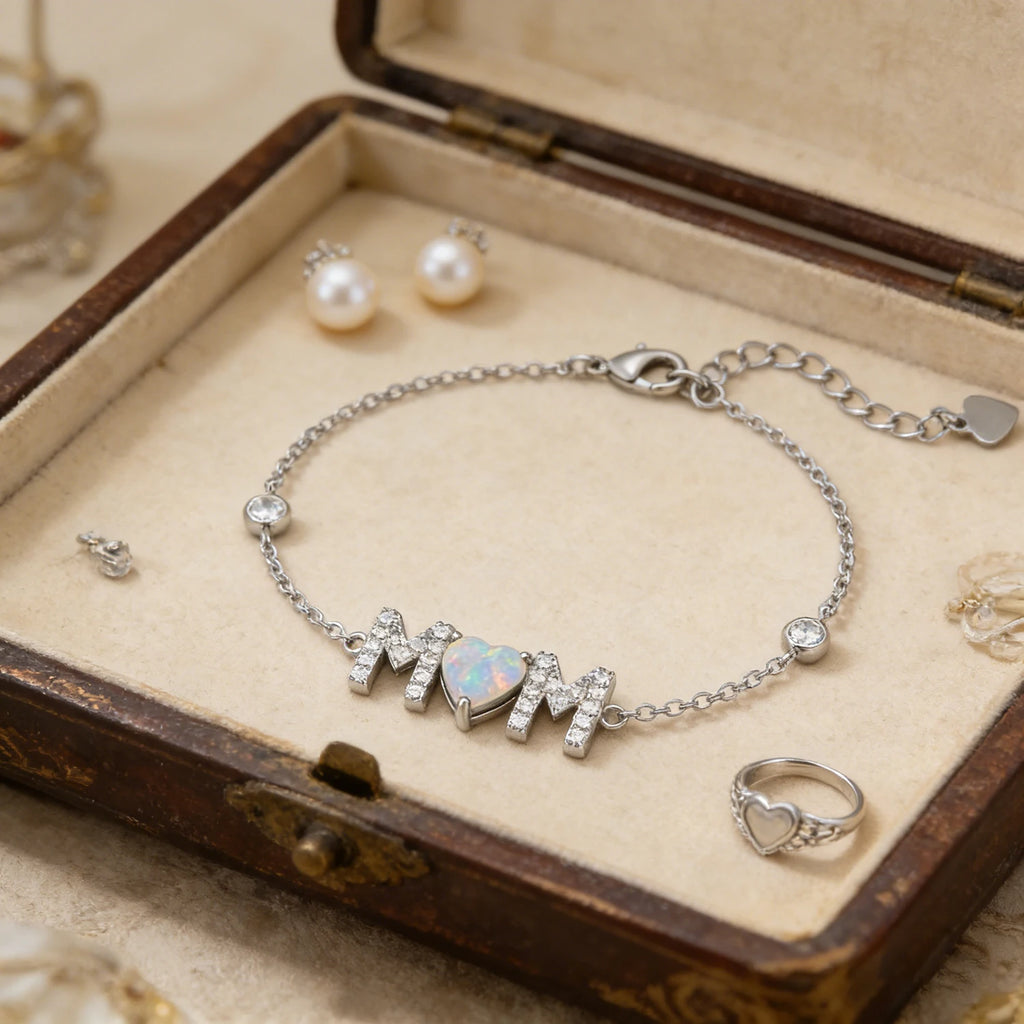 Gifts for Mother from Child,Family Love Jewelry,White Opal & Cubic Zircon,Sentimental MOM Bracelet Perfect for Mother's Day Gift