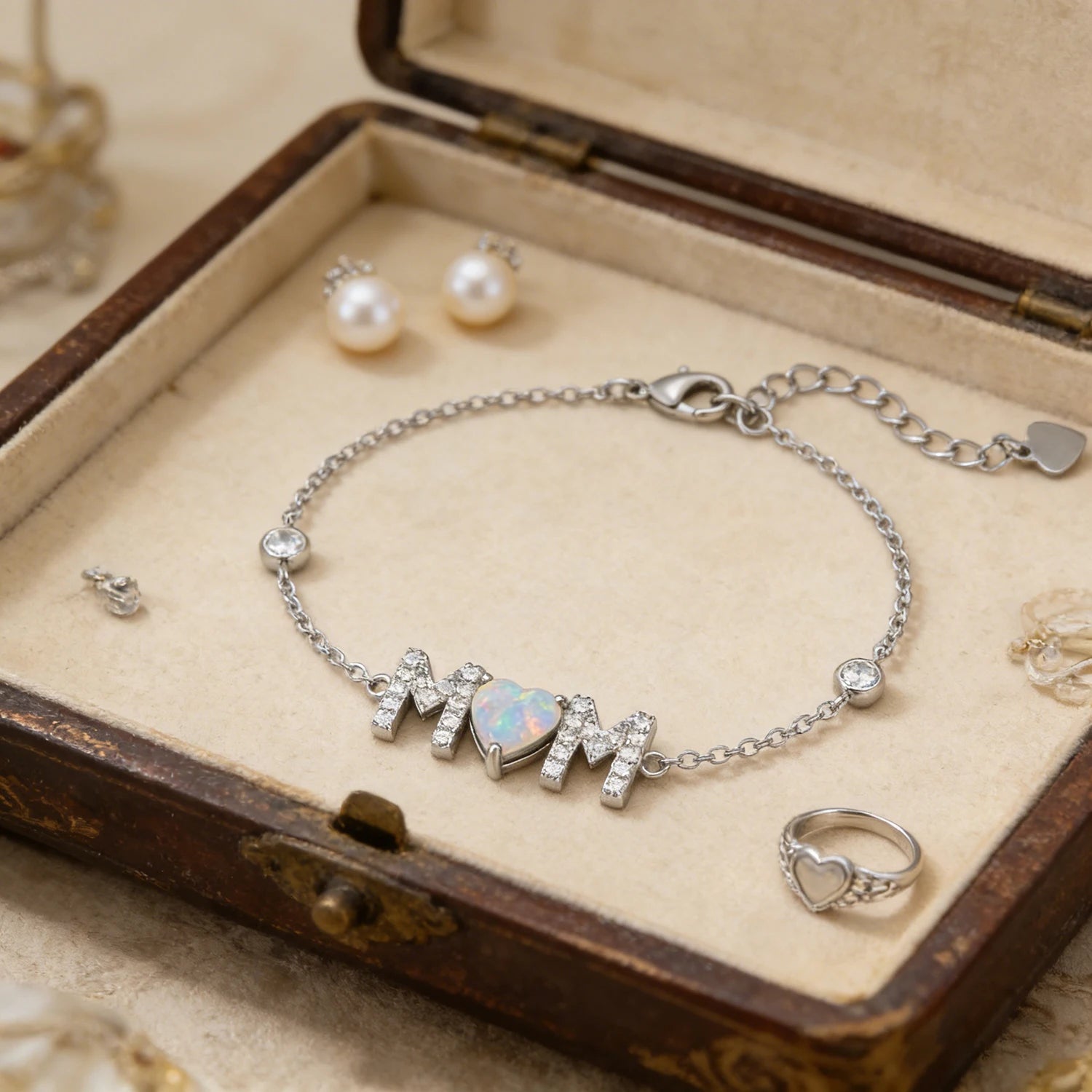 Gifts for Mother from Child,Family Love Jewelry,White Opal & Cubic Zircon,Sentimental MOM Bracelet Perfect for Mother's Day Gift