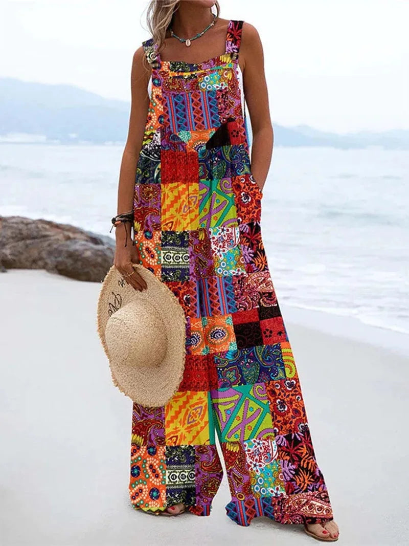 2024 European and American women's summer new digital printed jumpsuit with fashionable ethnic style buttons