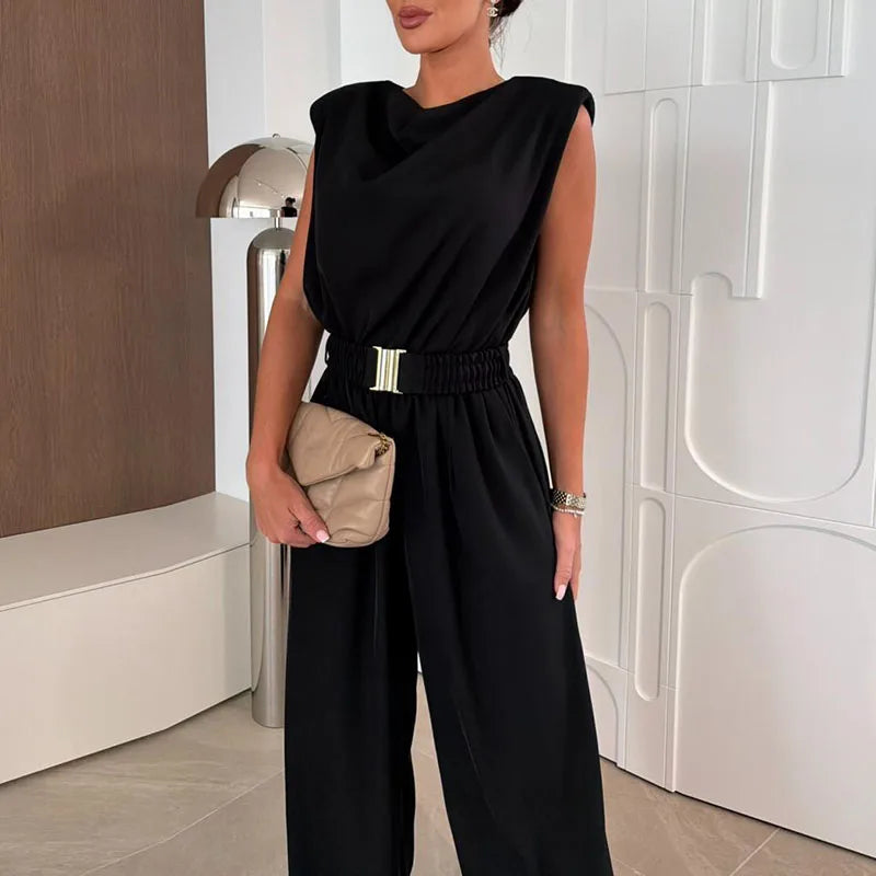 Fashion Solid Wide Leg Rompers Summer New Casual Commute Simple Playsuits Overalls Elegant Swinging Collar Sleeveless Jumpsuits