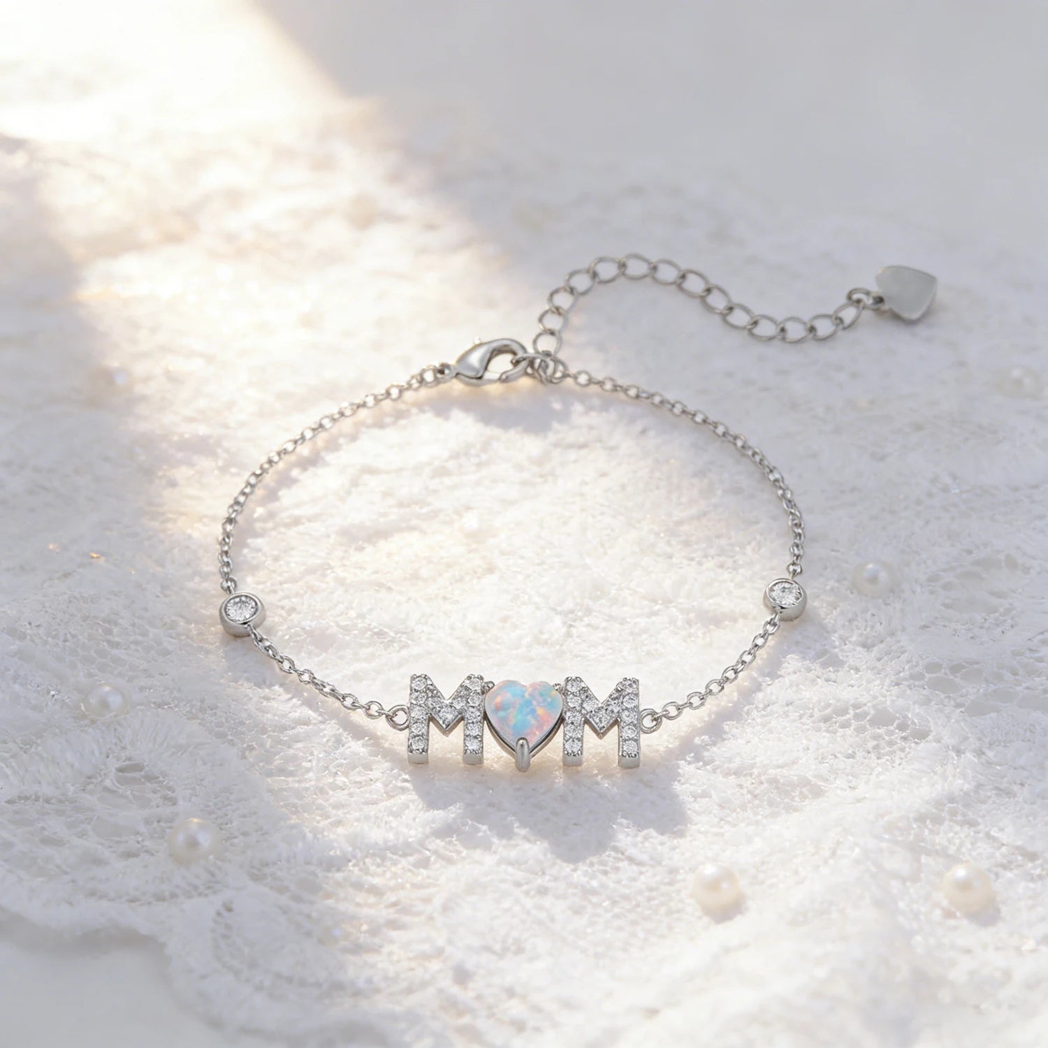 Gifts for Mother from Child,Family Love Jewelry,White Opal & Cubic Zircon,Sentimental MOM Bracelet Perfect for Mother's Day Gift