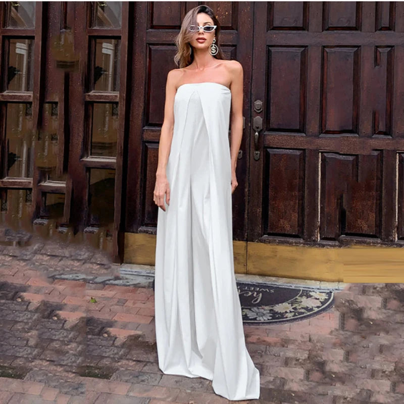 Spring Summer New Women's Solid Color Long Jumpsuits Elegant Sexy Off Shoulder Sleeveless High Waist Slim Straight Jumpsuit