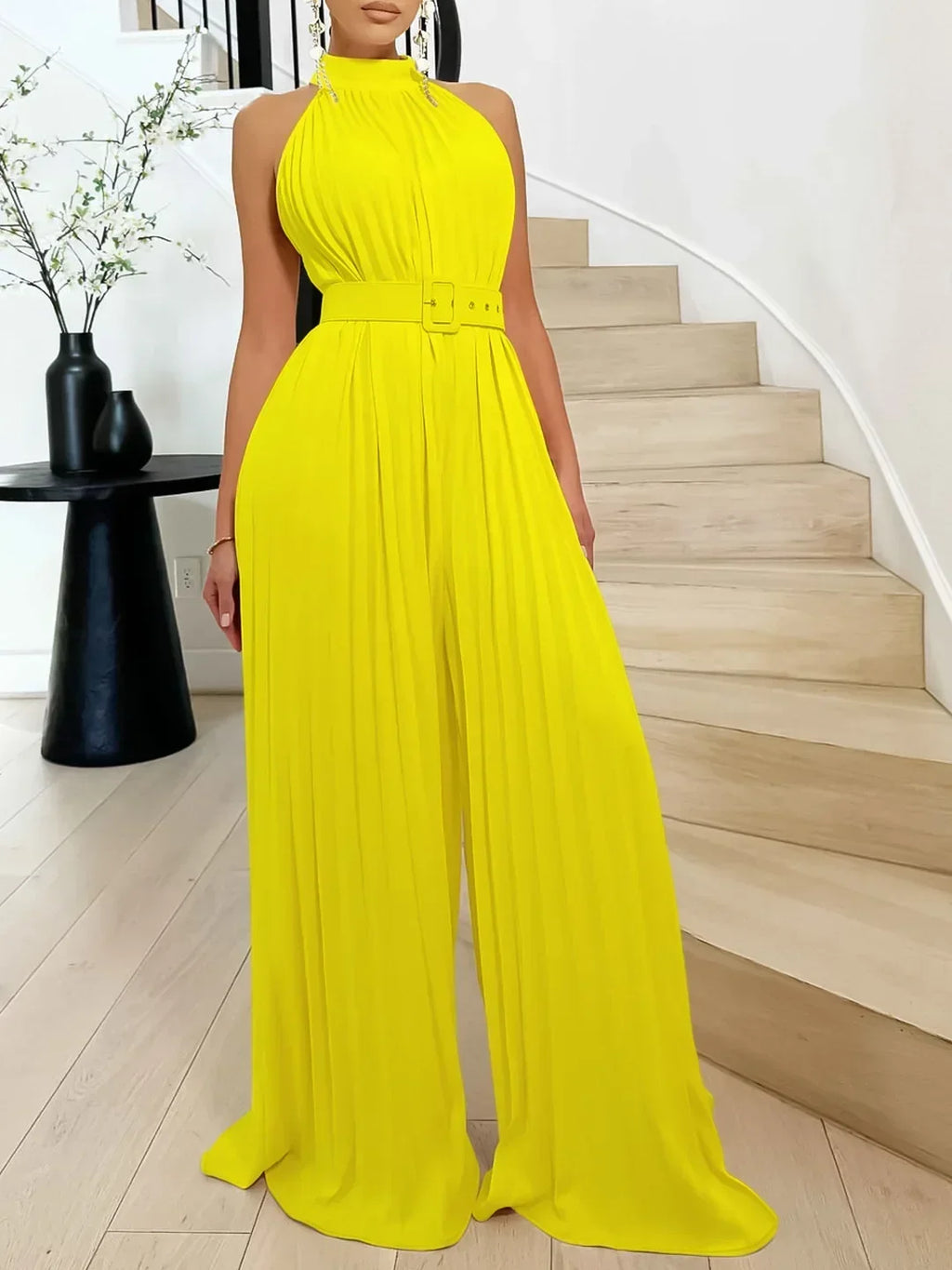 Fashion Jumpsuits for Women Temperament Solid Sleeveless Sexy Casual Wide Leg Pleated Rompers Females Party Bodysuits with Belt