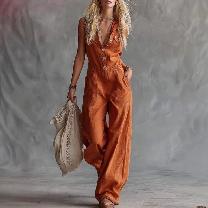 2026 Summer Elegant V-neck Party Jumpsuit Women Casual Sleeveless Pocket Solid Color Party Romper Fashion Button Linen Playsuits