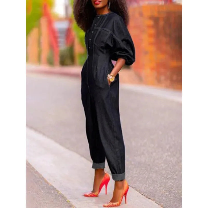 Women's Denim Jumpsuit Round-Neck Buttoned 3/4 Puff Sleeves Loose Fit Casual Streetwear Fashion Romper One-piece Outfits