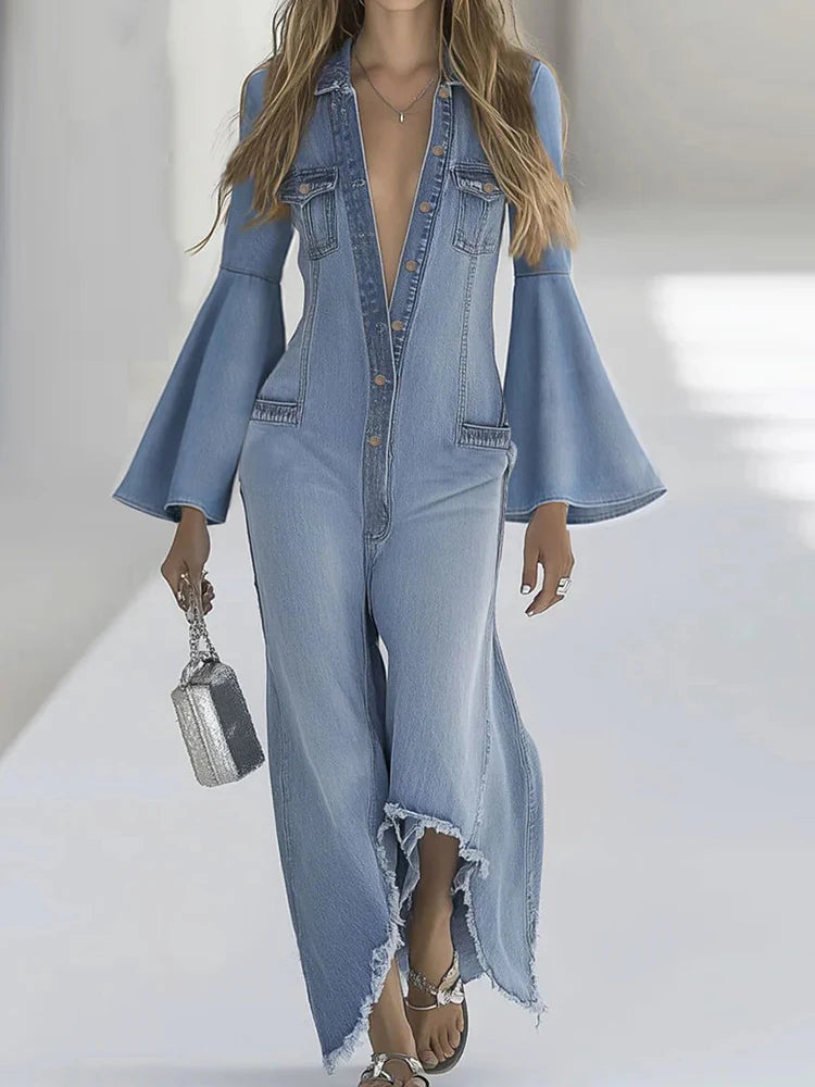 2025 Loose Solid Color Denim Style Jumpsuits Women Single-Breasted Casual Autumn Winter Flare Sleeve Turn-Down Collar Playsuits