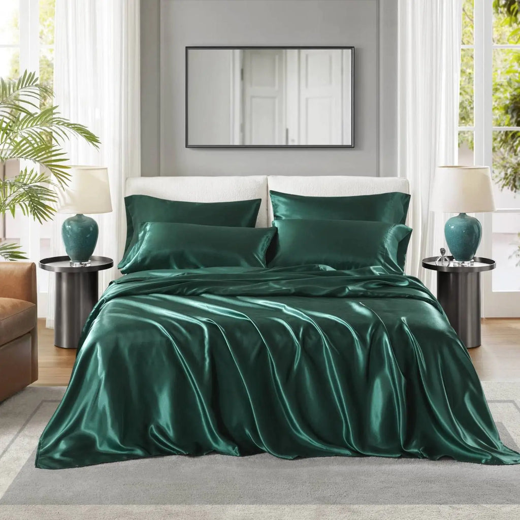 Luxury Satin Cal King Bedding Set 4 Pcs Solid Color Premium Sheet Collection Home Use Grade A Woven Fabric