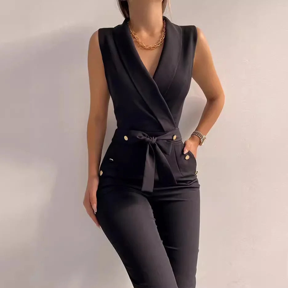 Women's Sleeveless Jumpsuit Solid Color Overall Bodysuit Clothing Office Style V-neck Lace-up Jumpsuits High Waist Belt Pants