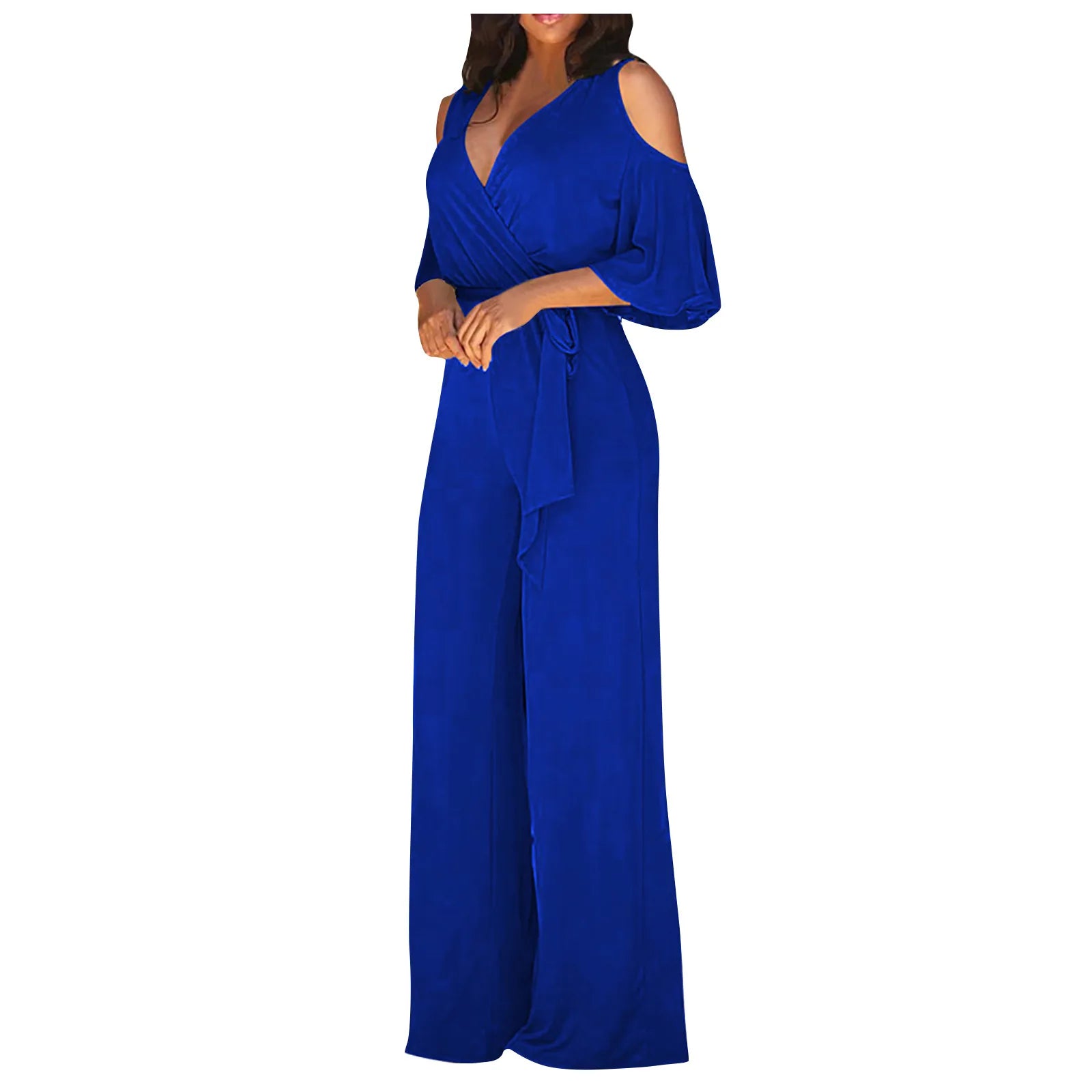 Jumpsuit Summer Pure Color Women Sexy Deep V Neck Short Sleeve Rompers Fashion Slim Fit Lace Up Elegant Female Wide Leg Jumpsuit