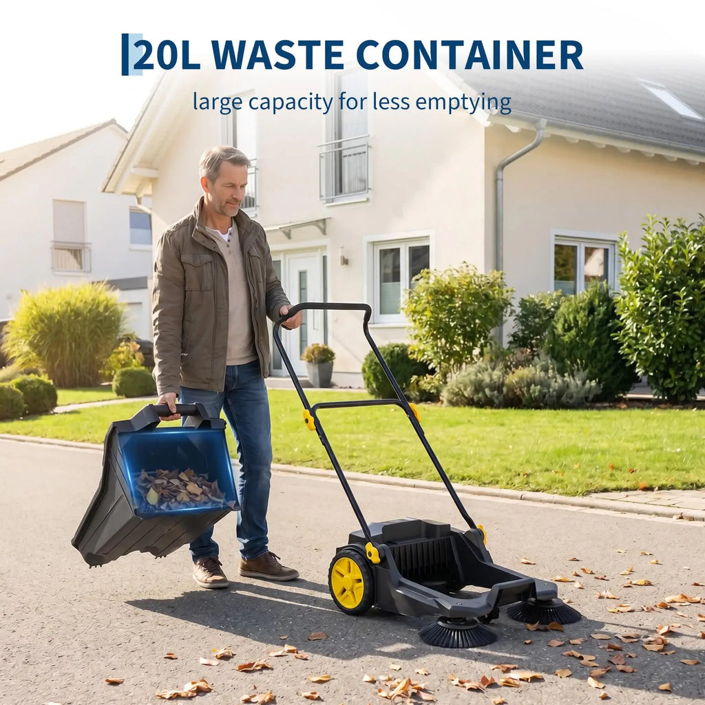 Manual Walk-Behind Push Sweeper 25.6 in Wide Non-Electric Outdoor Floor/Yard Sweeper with 5-Gallon Waste Bin, Adjustable Folding Handle for Garage Patio Driveway