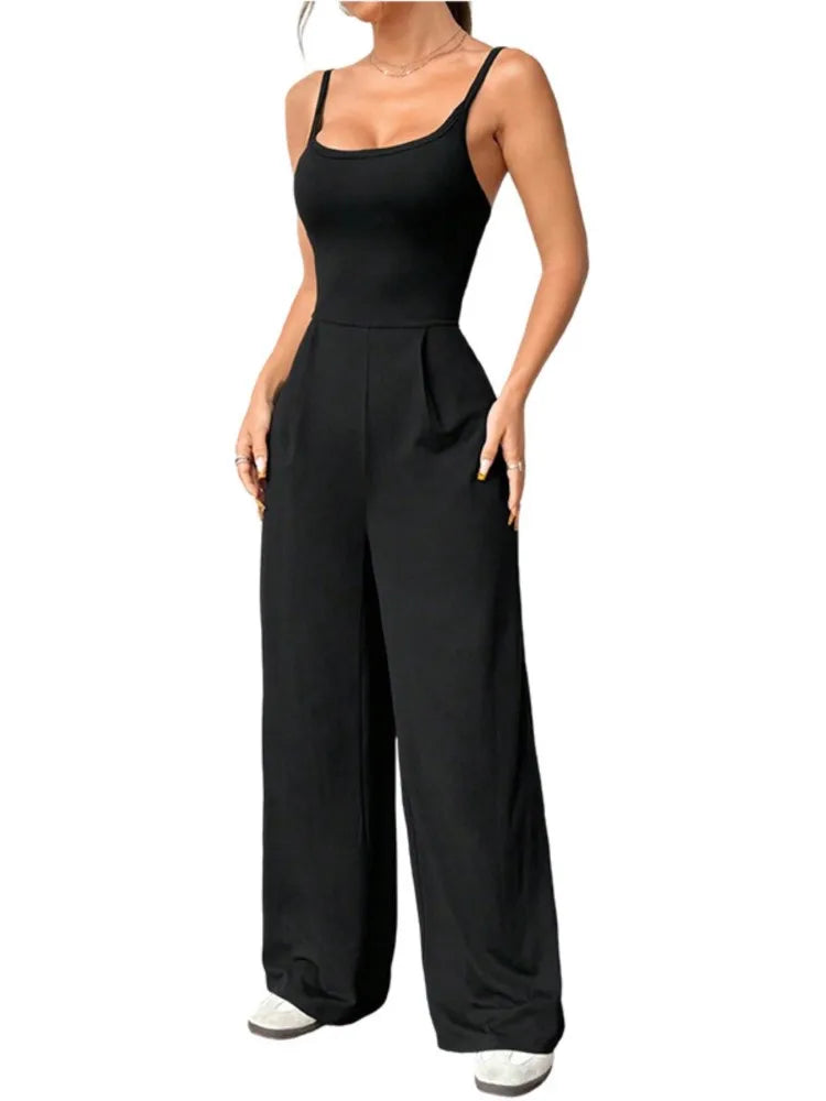 Casual Jumpsuit Jumpsuits For Woman Sling Women's Clothing Solid Color Backless Sleeveless Loose Wide Legs Trouser Simple Style