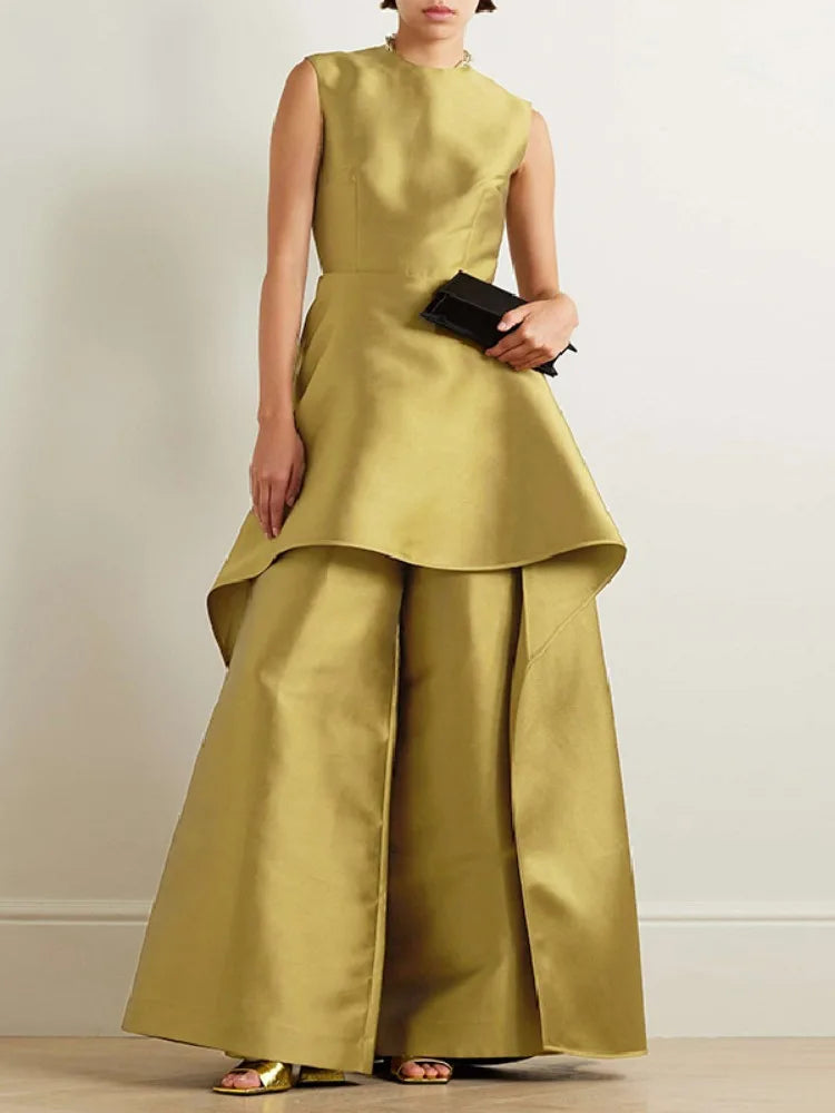 Missuoo 2025 New Women's Evening Dress Jumpsuit Round Neck Sleeveless A-line Wide Leg Pants Suit Solid Layered Falbala Jump Suit