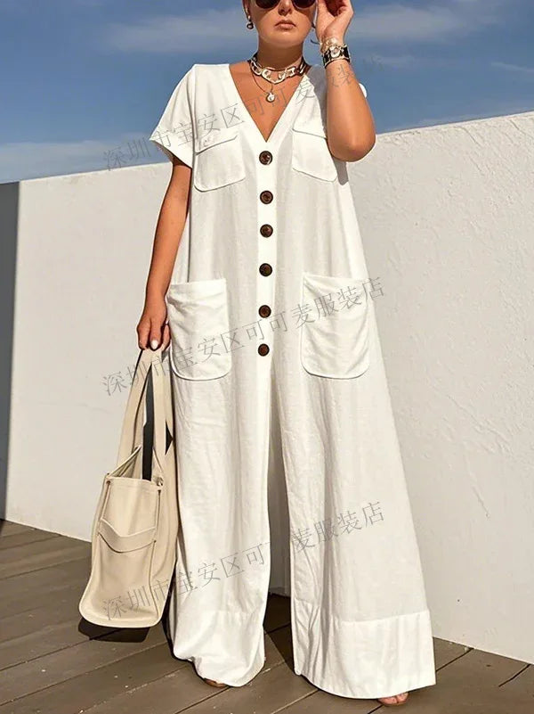 New Summer V-neck Single-breasted Women's Jumpsuits Fashion Pocket Elegant Office Rompers Casual Loose Oversized Women Jumpsuit