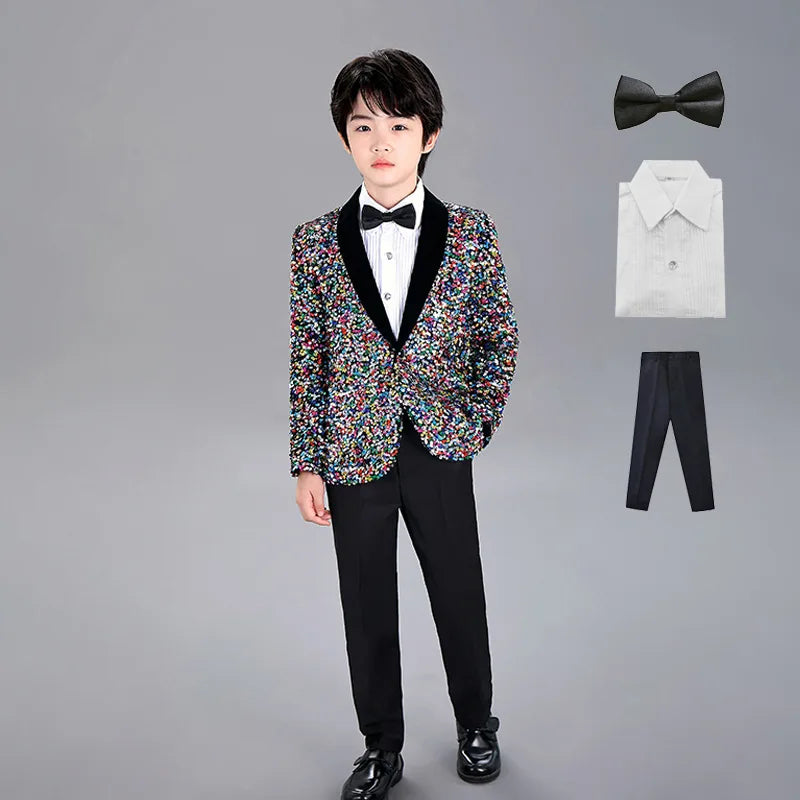 Men Prom Suit Child Solid Discoloration Sequins Gown Boy Catwalk Piano Performance Little Host Suit Perform Suits