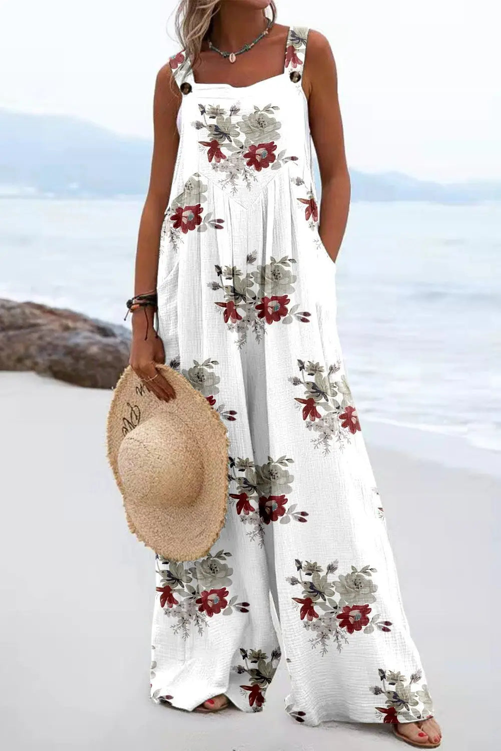 2024 European and American women's summer new digital printed jumpsuit with fashionable ethnic style buttons