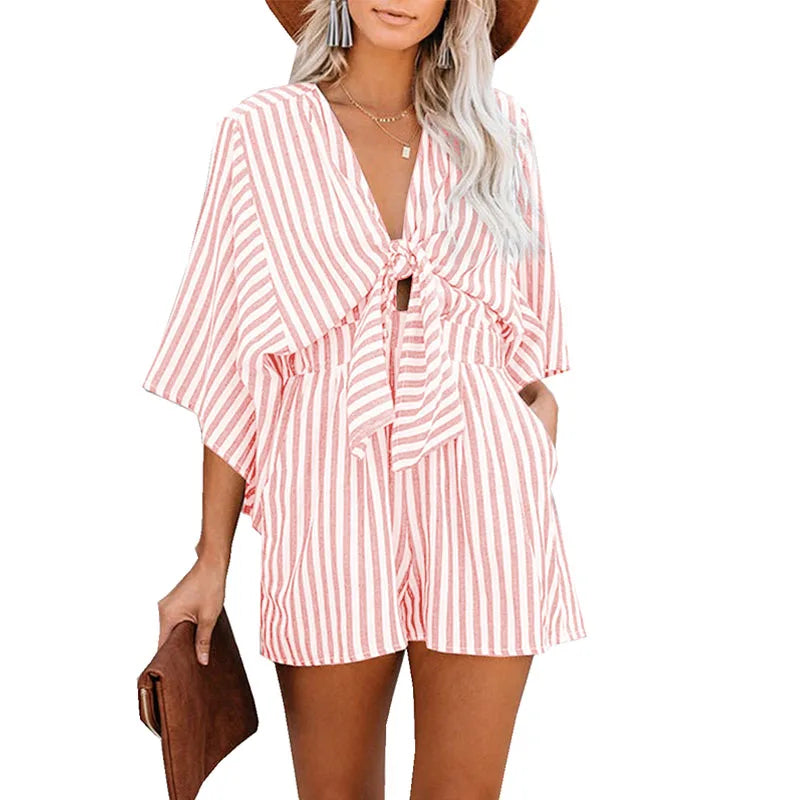 Summer waist slimming striped jumpsuit for women, European and American foreign trade deep V flared sleeve three quarter pants
