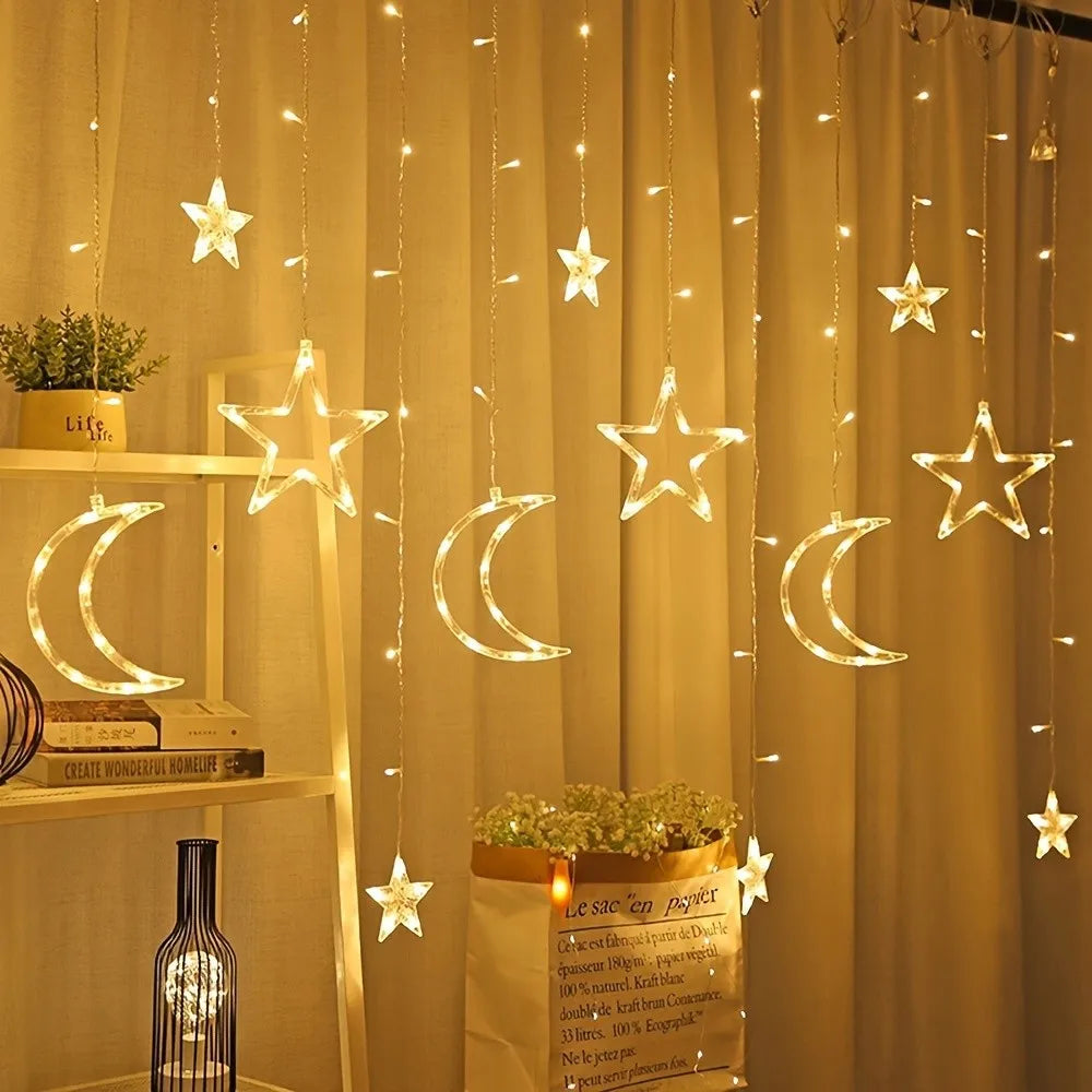 3.5M LED Romantic  Star & Moon String Lights - Battery Operated Festive Lighting Decor for Bedroom, Living Room, And Curtains,
