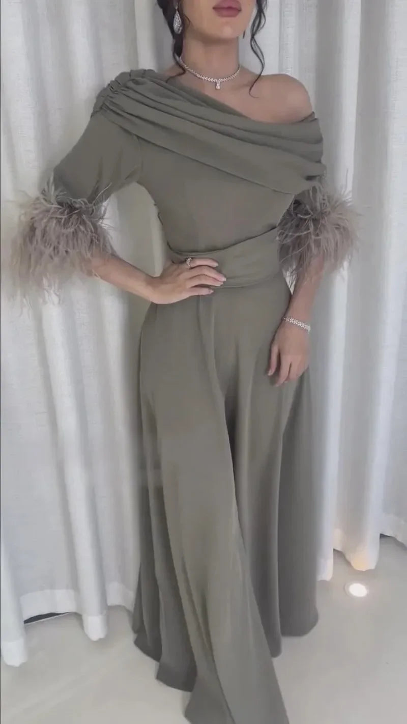 New European and American Autumn and Winter Styles. A Sexy, Fashionable and Loose Women's Jumpsuit with Feather Patchwork.