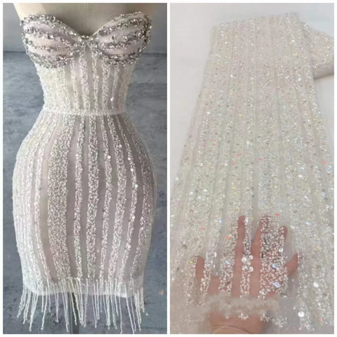 10 Colors Wedding Dresses Stage Wear Bridal Evening Party Material Vertical Bar Diamond Sequin Pearl Mesh Embroidered Fabric