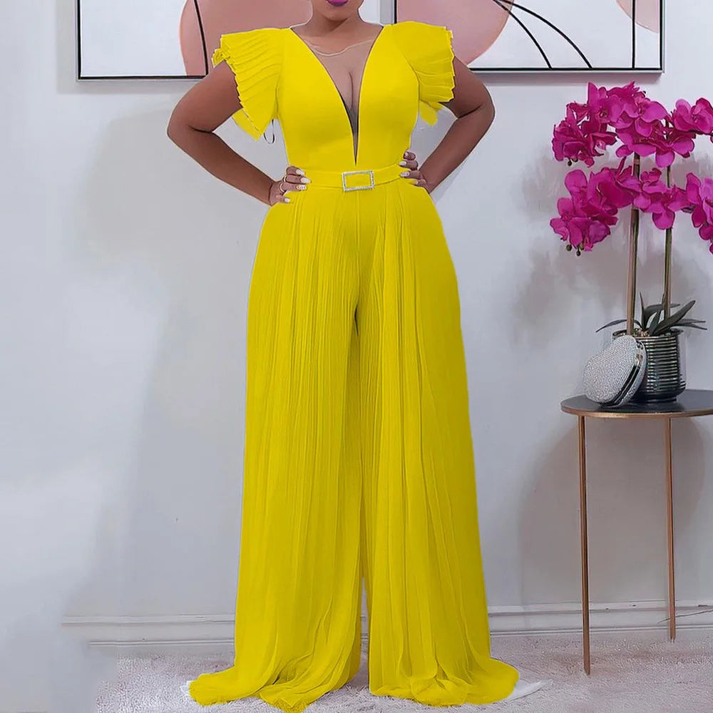 Pleated Jumpsuits for Women Elegant 2024 New V Neck Ruffles Sleeve High Waisted Floor Length Luxury Party Dinner Celebrate Cloth