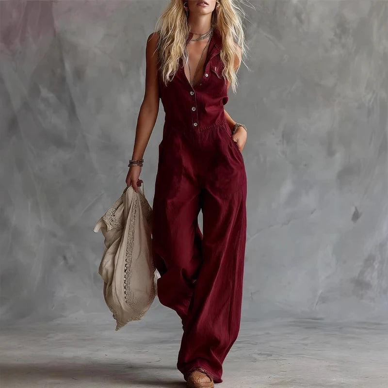 2026 Summer Elegant V-neck Party Jumpsuit Women Casual Sleeveless Pocket Solid Color Party Romper Fashion Button Linen Playsuits