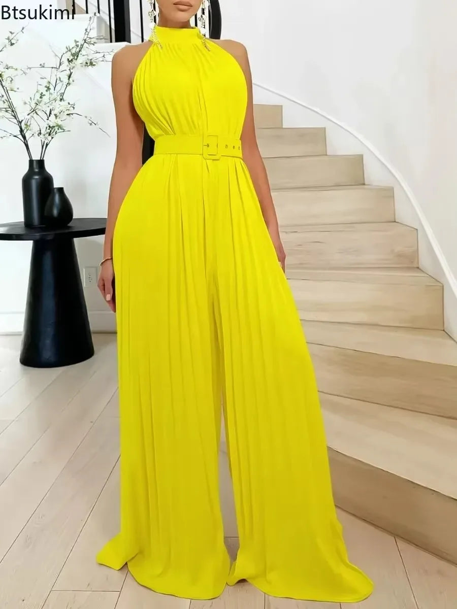 Fashion Jumpsuits for Women Temperament Solid Sleeveless Sexy Casual Wide Leg Pleated Rompers Females Party Bodysuits with Belt