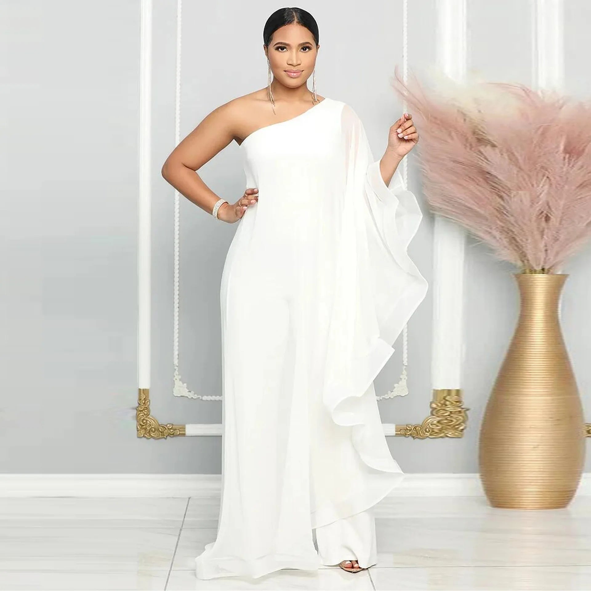 Women One Shoulder Jumpsuit Ruffle Long Sleeve Elegant Solid Aysmmetric Fashion Autumn Rompers Casual Party Club Jumpsuits 2024