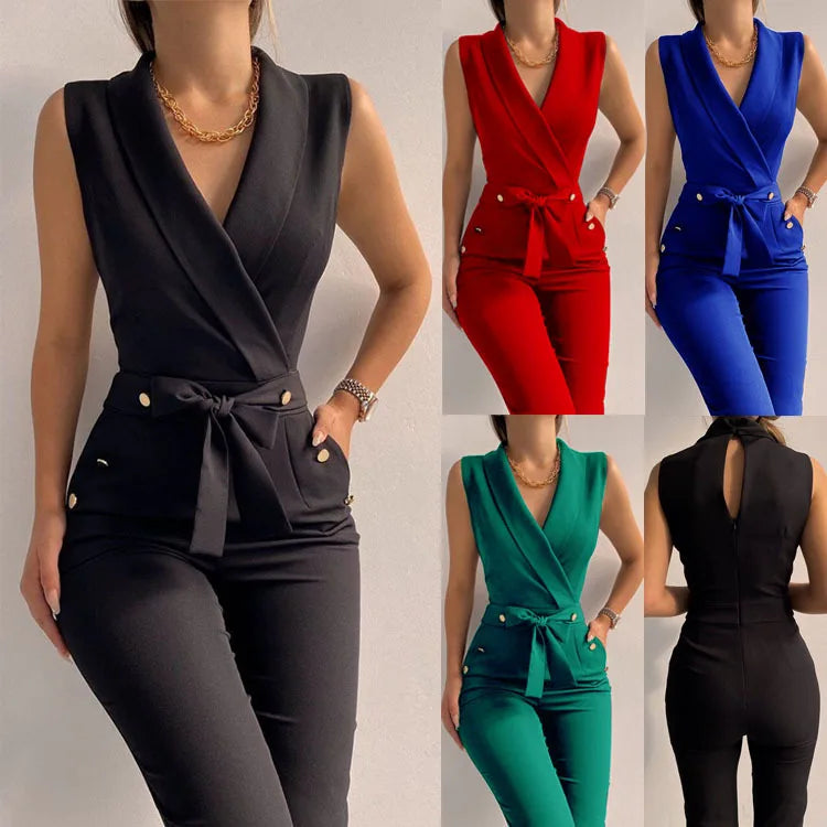 Women's Sleeveless Jumpsuit Solid Color Overall Bodysuit Clothing Office Style V-neck Lace-up Jumpsuits High Waist Belt Pants