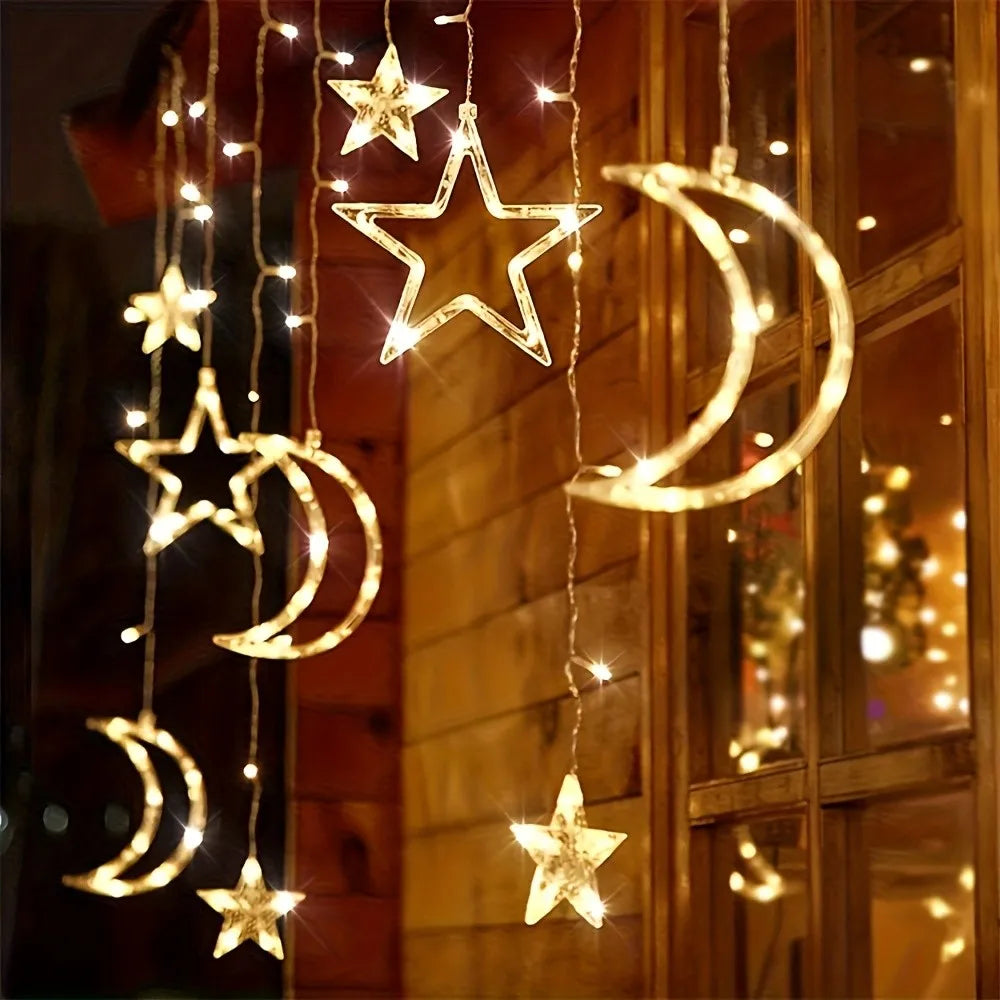 3.5M LED Romantic  Star & Moon String Lights - Battery Operated Festive Lighting Decor for Bedroom, Living Room, And Curtains,