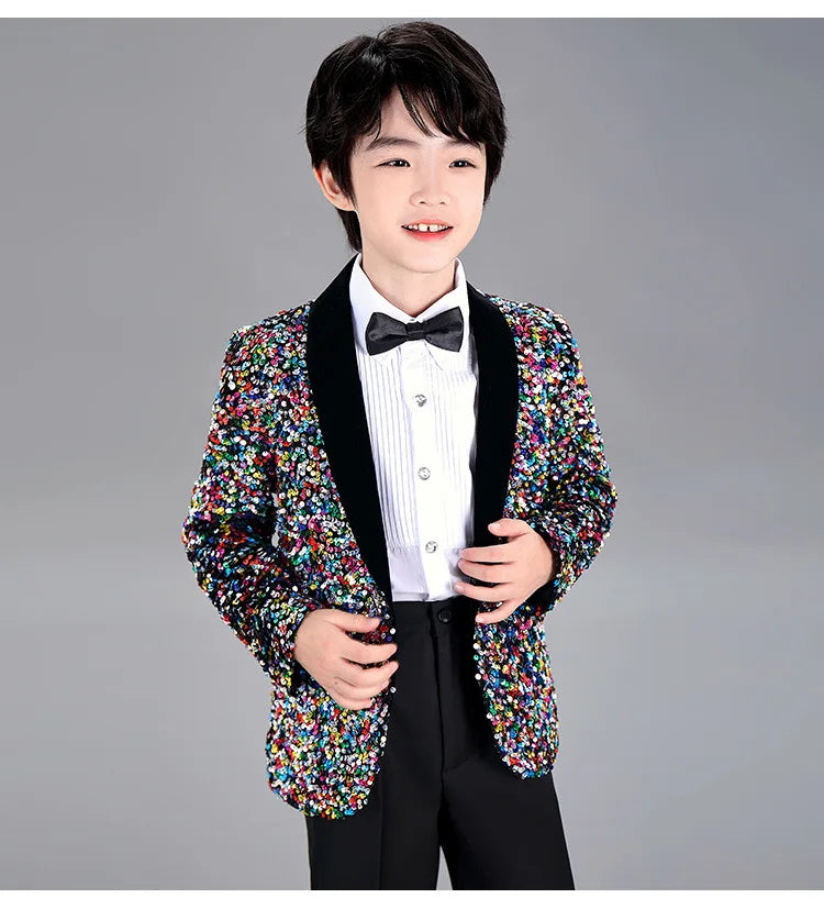 Men Prom Suit Child Solid Discoloration Sequins Gown Boy Catwalk Piano Performance Little Host Suit Perform Suits