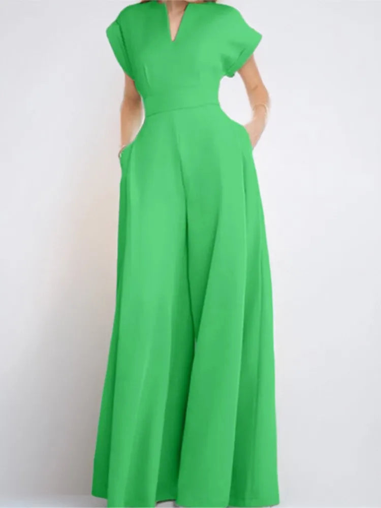 Elegant Summer Fashion Women Jumpsuits Elegant Short Sleeve Small V-neck Slim High Waist Pocket Wide Leg Pants Office Clothing