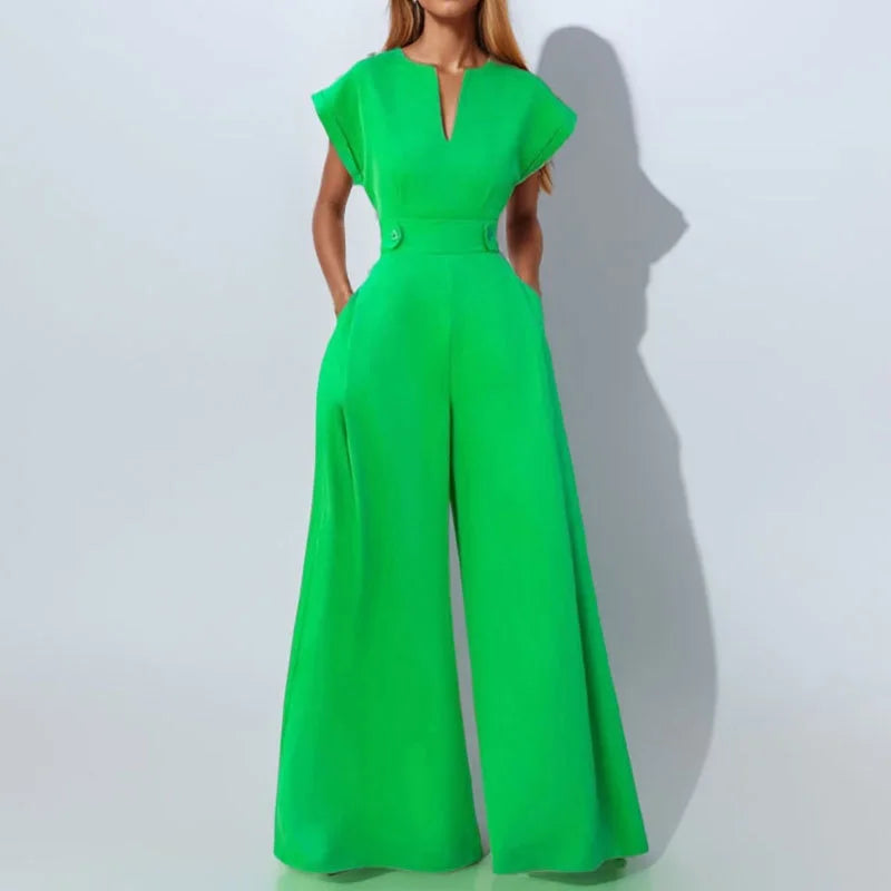 Elegant Women's Jumpsuits Fashion Solid Color V-neck High Waist Wide Leg Sleeveless Jumpsuit Temperament New Female Clothing