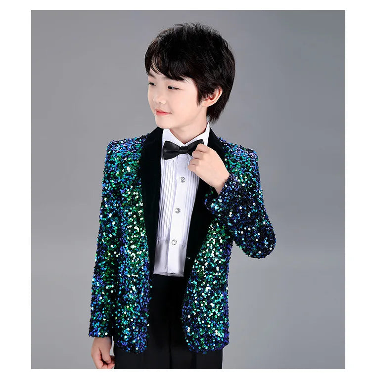 Men Prom Suit Child Solid Discoloration Sequins Gown Boy Catwalk Piano Performance Little Host Suit Perform Suits