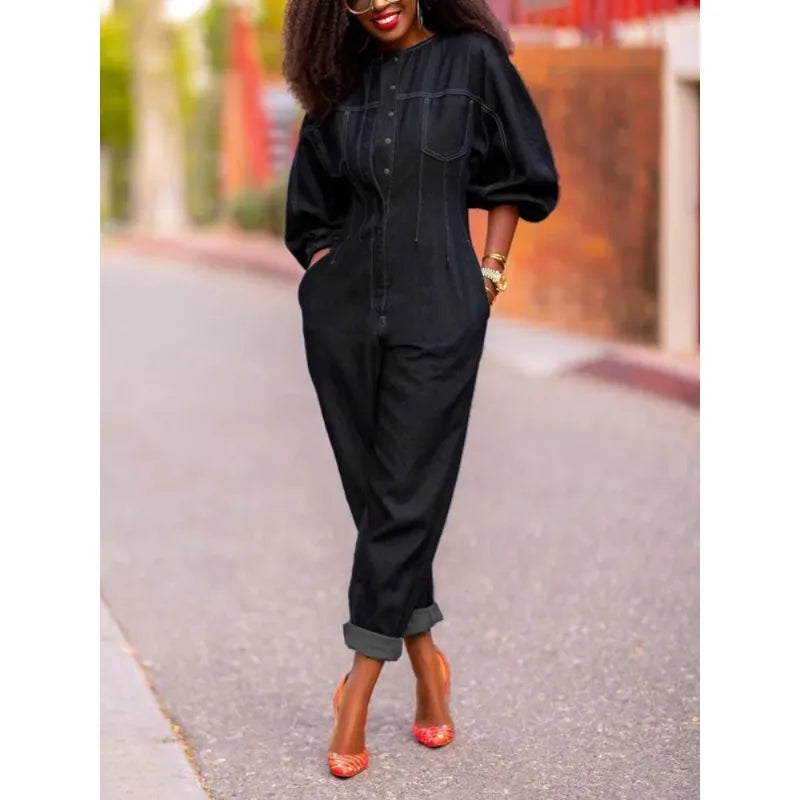 Women's Denim Jumpsuit Round-Neck Buttoned 3/4 Puff Sleeves Loose Fit Casual Streetwear Fashion Romper One-piece Outfits