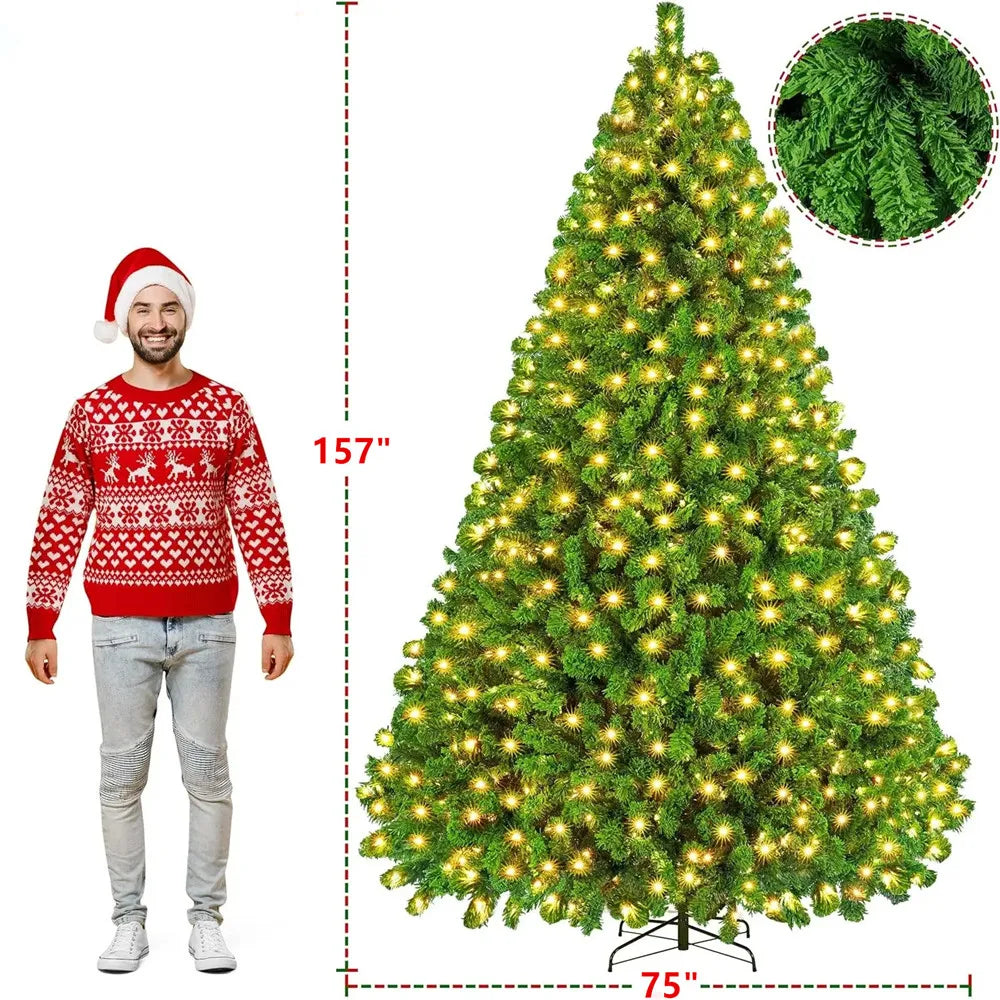13ft Artificial Huge Christmas Tree , Snow Flocked Full Prelighted Xmas Tree with 2800 Branch Tips, 900 Incandescent Lights