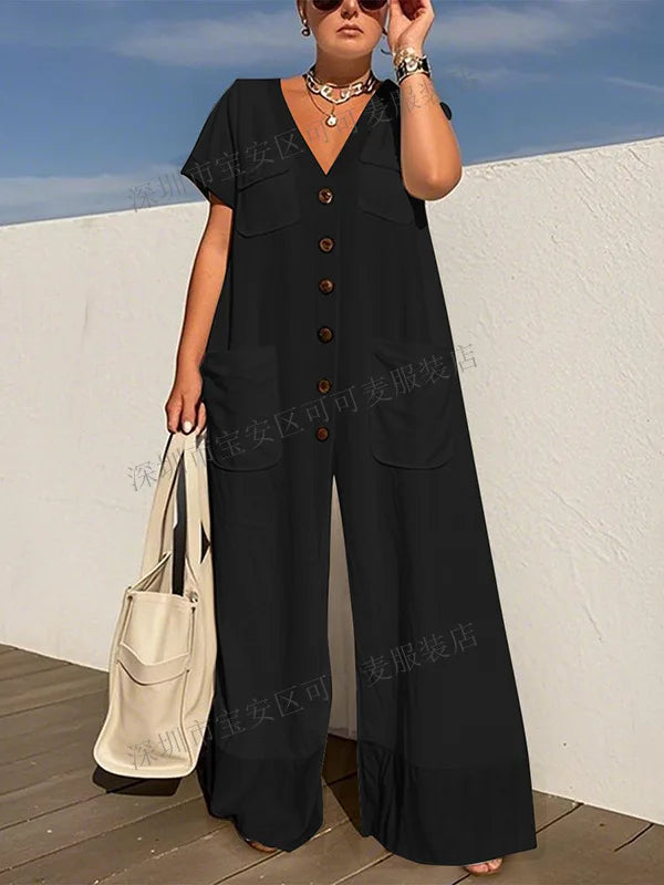 New Summer V-neck Single-breasted Women's Jumpsuits Fashion Pocket Elegant Office Rompers Casual Loose Oversized Women Jumpsuit