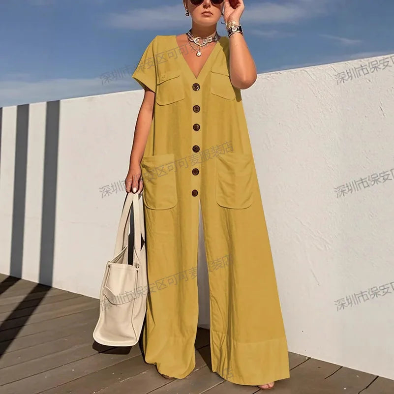 New Summer V-neck Single-breasted Women's Jumpsuits Fashion Pocket Elegant Office Rompers Casual Loose Oversized Women Jumpsuit