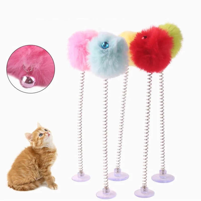 New Pet Dog Cat Toy Pet Supplies Feather Bottom Sucker Pet Cat Toy Cat Spring Stick Cat Interactive Toys Toy With Mini Bell