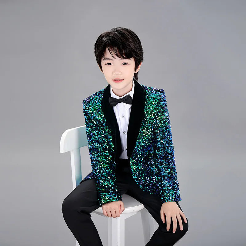 Men Prom Suit Child Solid Discoloration Sequins Gown Boy Catwalk Piano Performance Little Host Suit Perform Suits