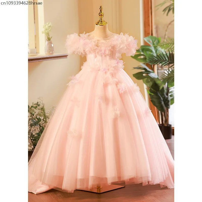 Wedding Flower Girl Dresses Pink Vestido Children Pageant Dresses Costume Princess Gown Host Piano Performance Outfit