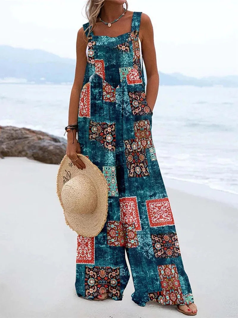 2024 European and American women's summer new digital printed jumpsuit with fashionable ethnic style buttons