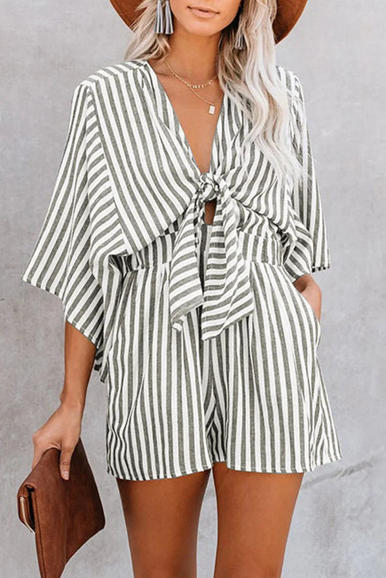 Summer waist slimming striped jumpsuit for women, European and American foreign trade deep V flared sleeve three quarter pants