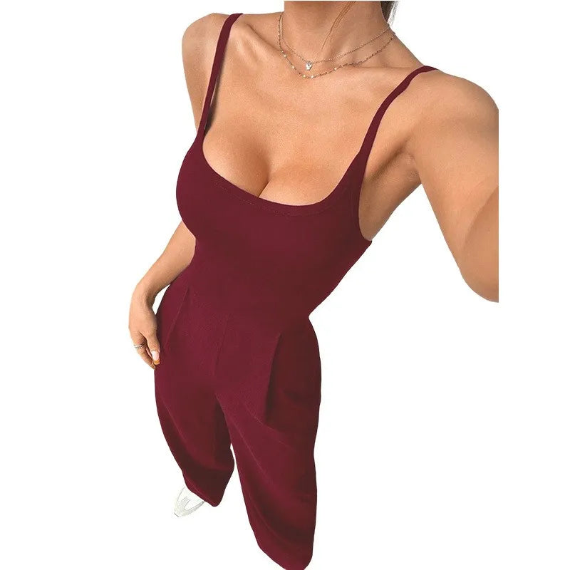 Casual Jumpsuit Jumpsuits For Woman Sling Women's Clothing Solid Color Backless Sleeveless Loose Wide Legs Trouser Simple Style