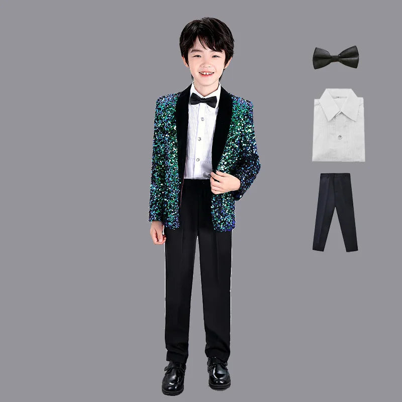 Men Prom Suit Child Solid Discoloration Sequins Gown Boy Catwalk Piano Performance Little Host Suit Perform Suits