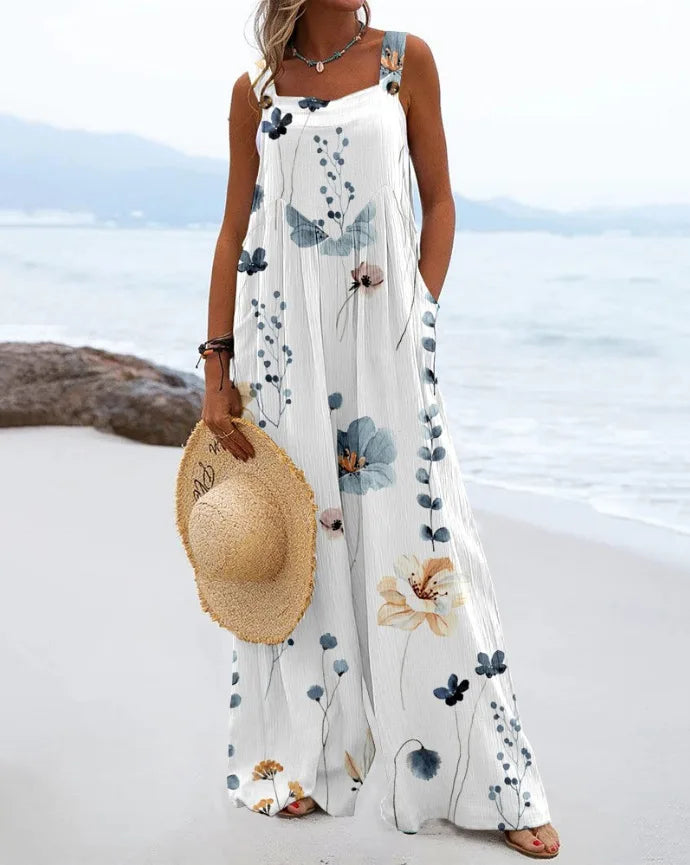 2024 European and American women's summer new digital printed jumpsuit with fashionable ethnic style buttons