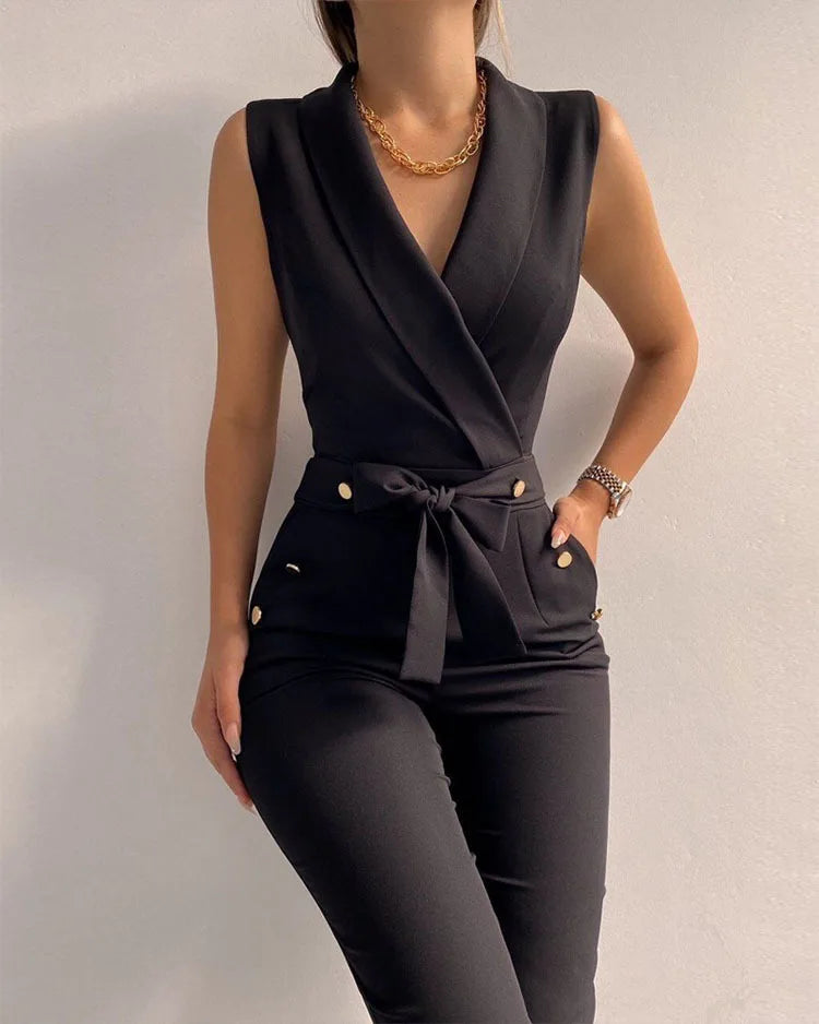 Women's Sleeveless Jumpsuit Solid Color Overall Bodysuit Clothing Office Style V-neck Lace-up Jumpsuits High Waist Belt Pants